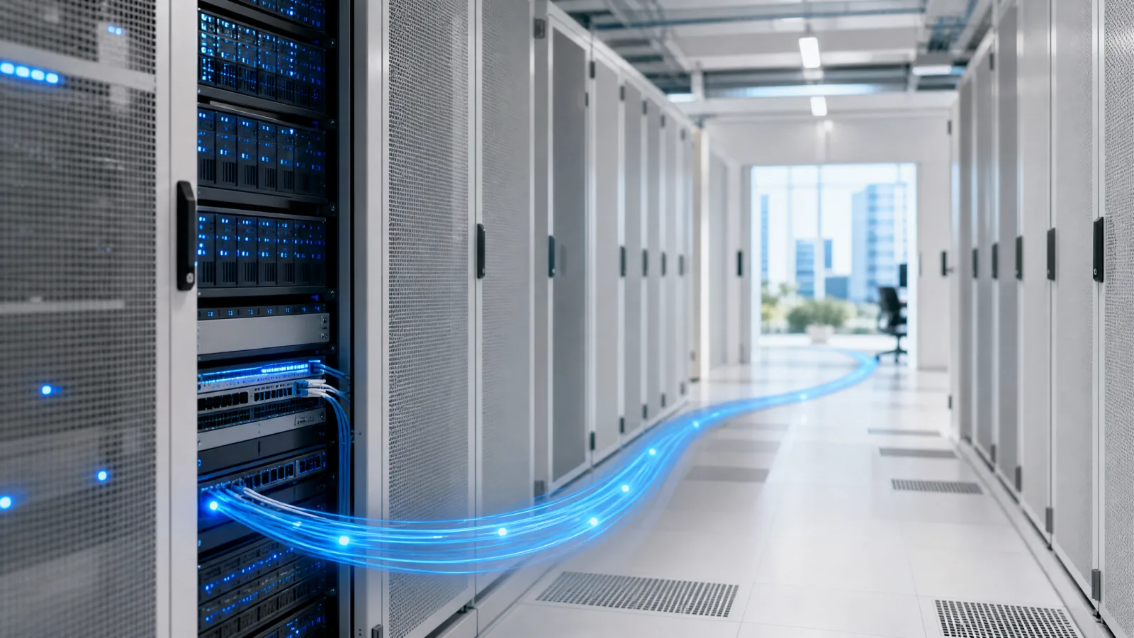 Moderne datacentergang met serverracks en een oplichtende blauwe glasvezelroute