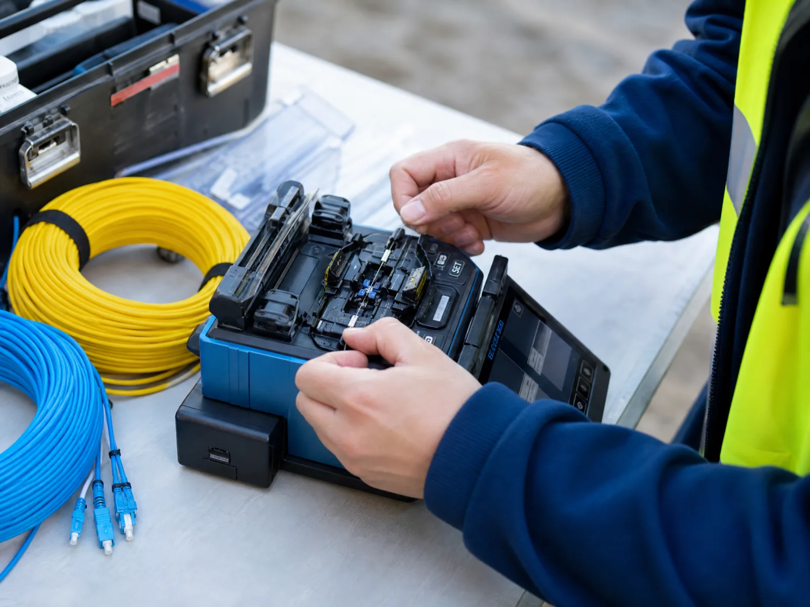 Monteur last glasvezels met een fusielasapparaat tijdens de aanleg van een dark fiber-verbinding