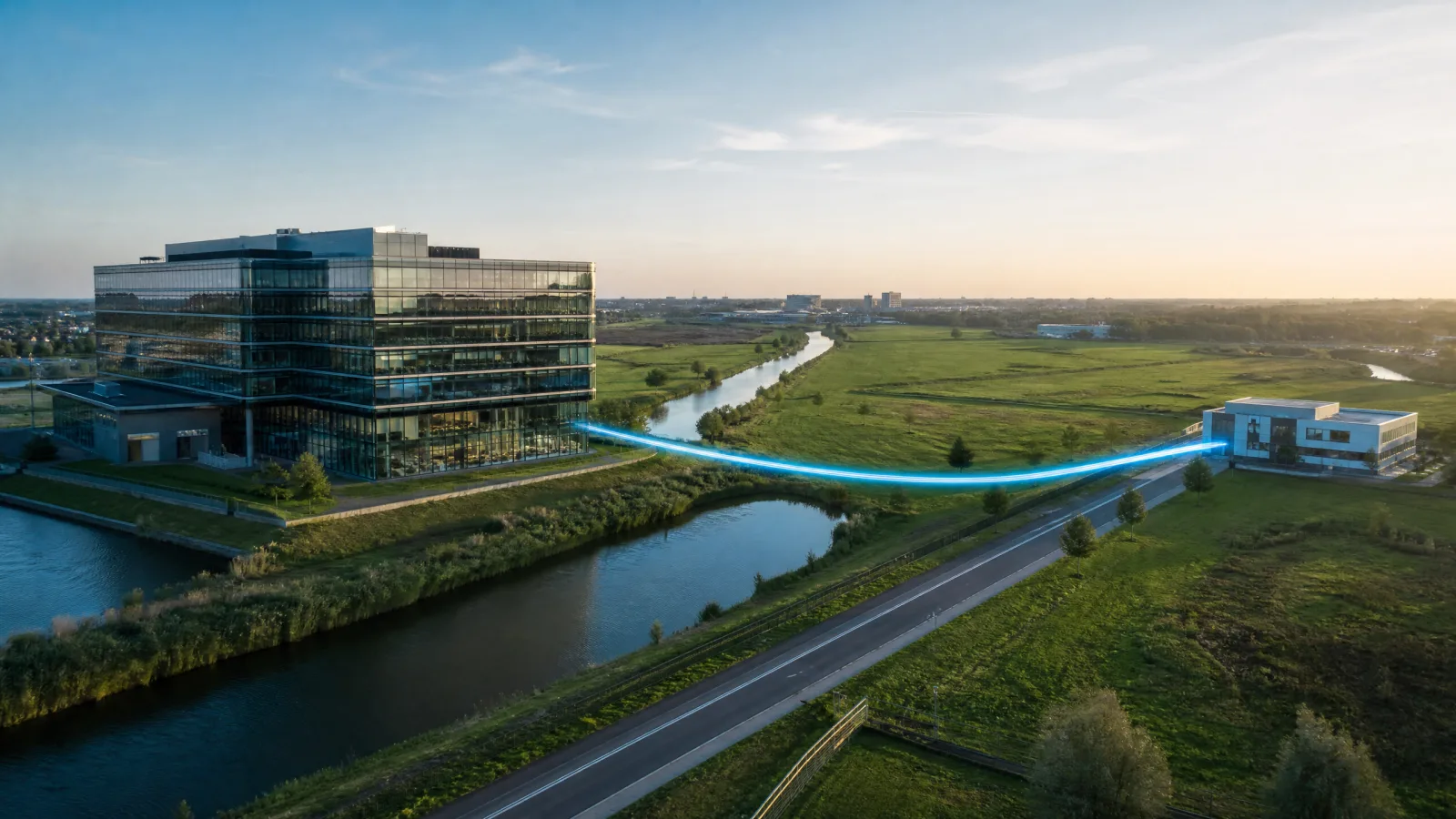 Twee bedrijfsgebouwen verbonden door een oplichtende glasvezelroute door het Nederlandse landschap