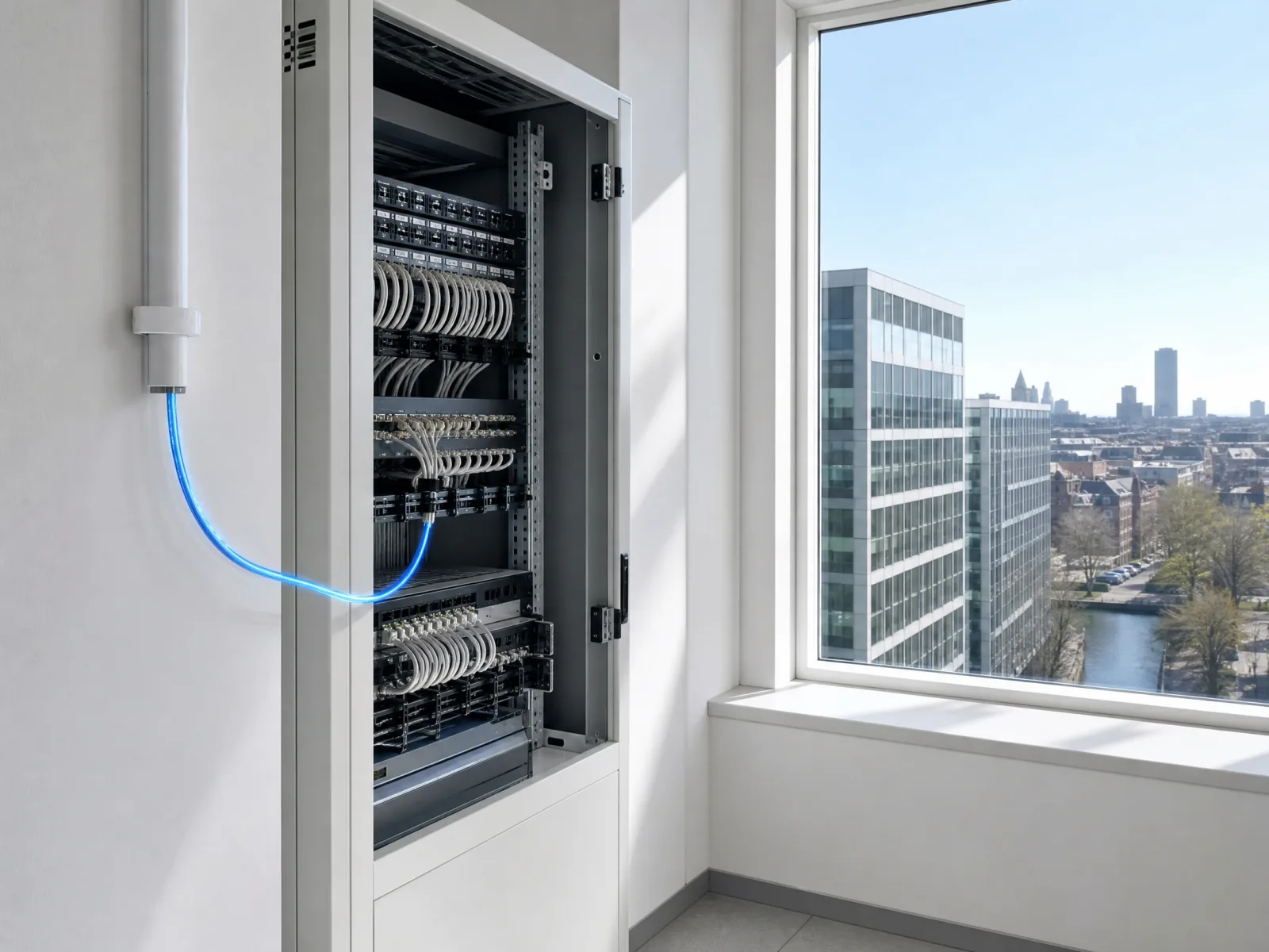 Nette netwerkkast in een licht kantoor met een blauwe glasvezelkabel die via de muur binnenkomt
