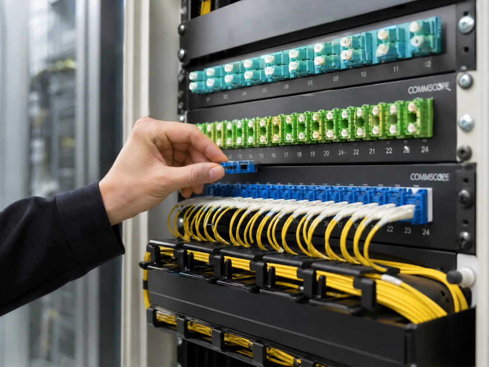 Glasvezelpatchpaneel in een serverrack met nette LC-connectoren en patchkabels