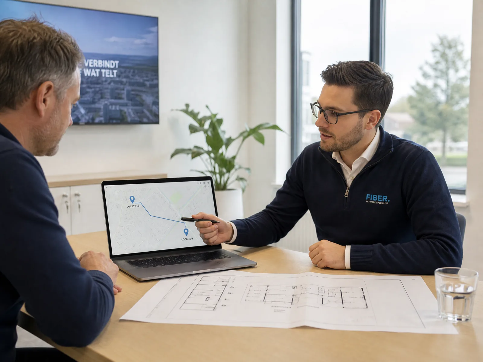 Specialist bespreekt een glasvezelroute tussen twee locaties met een klant aan tafel