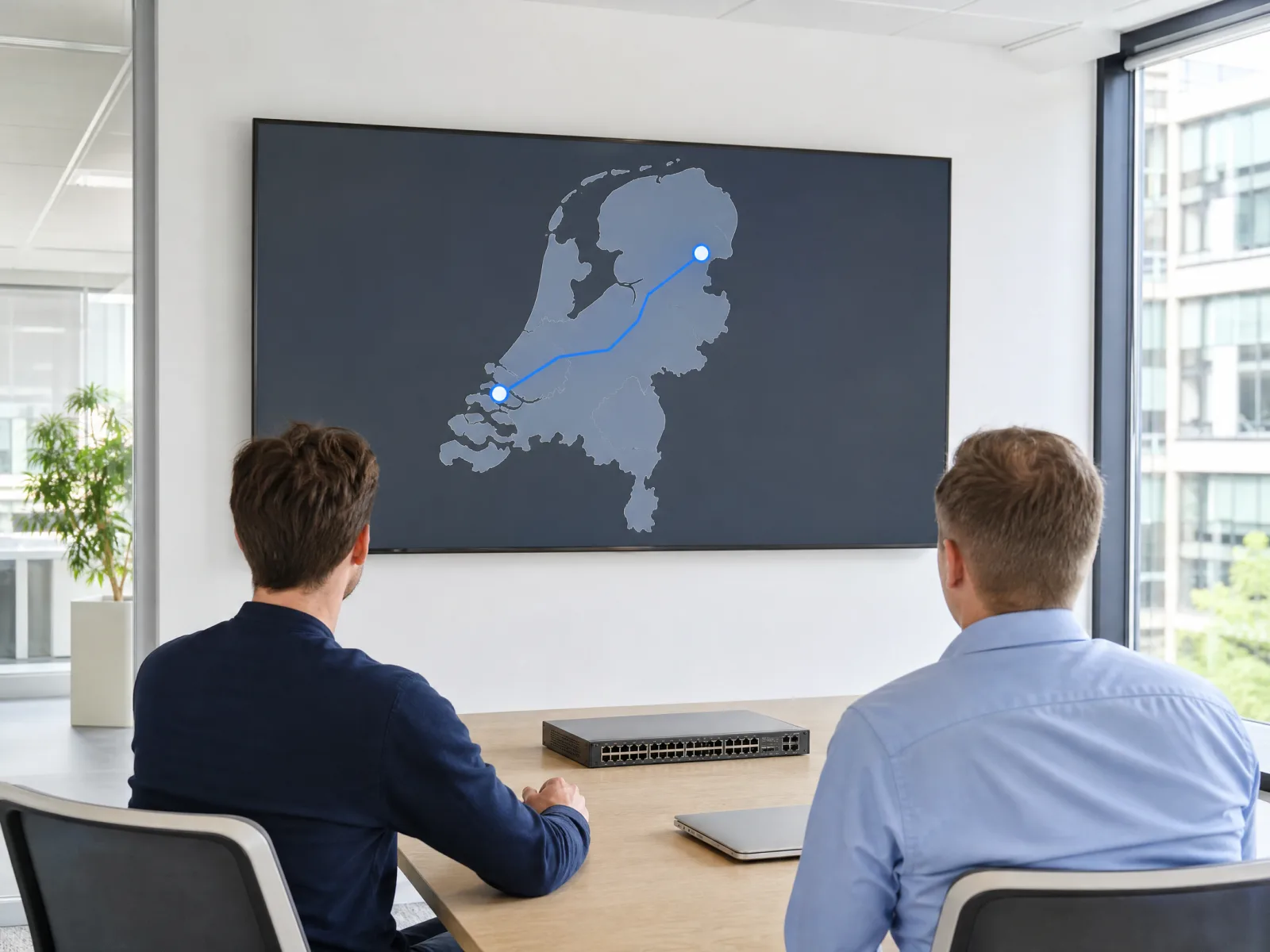Twee netwerkengineers bekijken een schermkaart van Nederland met twee verbonden locaties