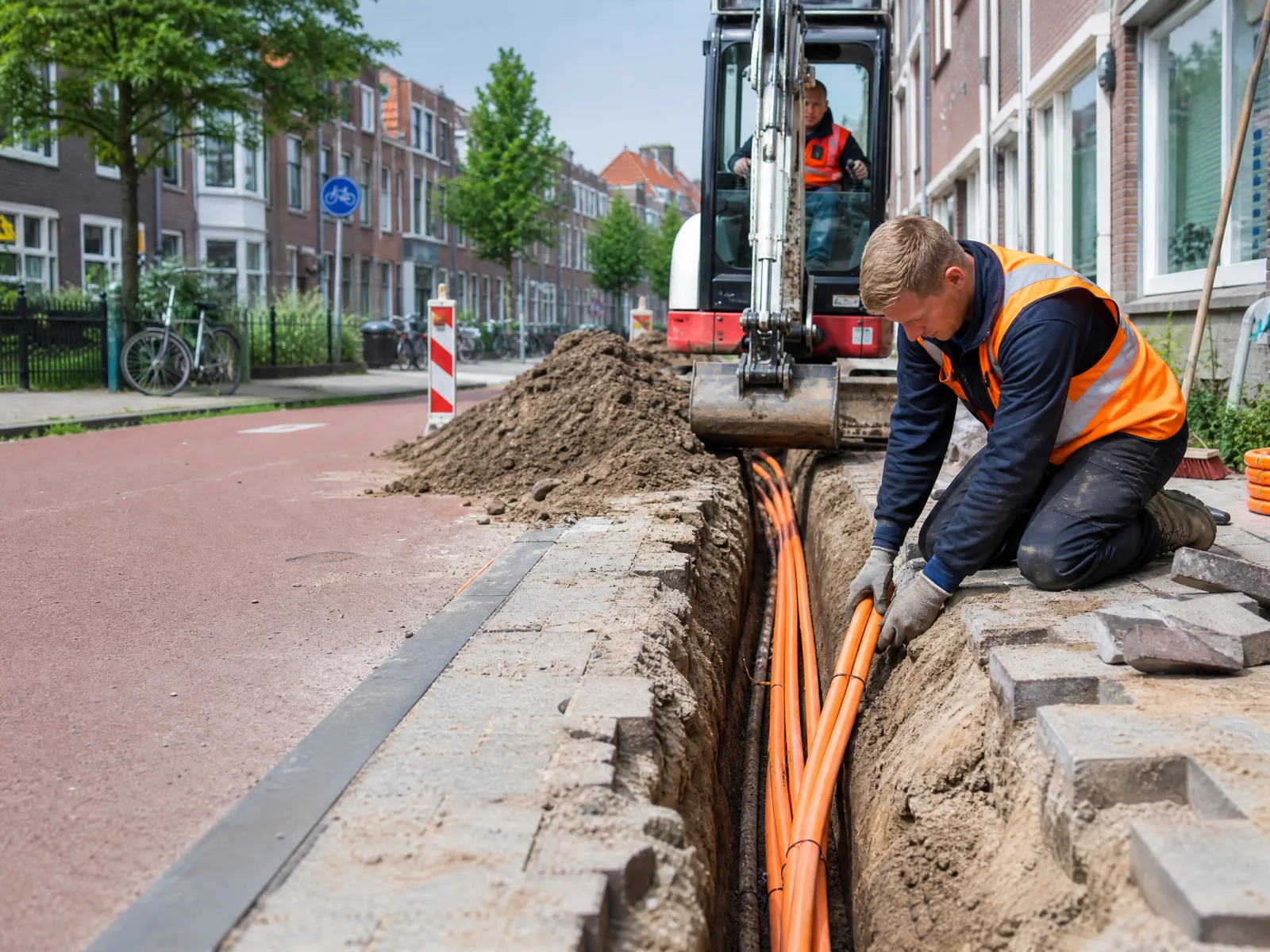 Aannemer legt mantelbuizen voor glasvezel in een open sleuf langs een Nederlandse straat